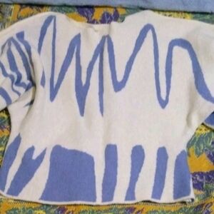 Source Unknown White and Periwinkle Abstract Off-the-Shoulder Sweater